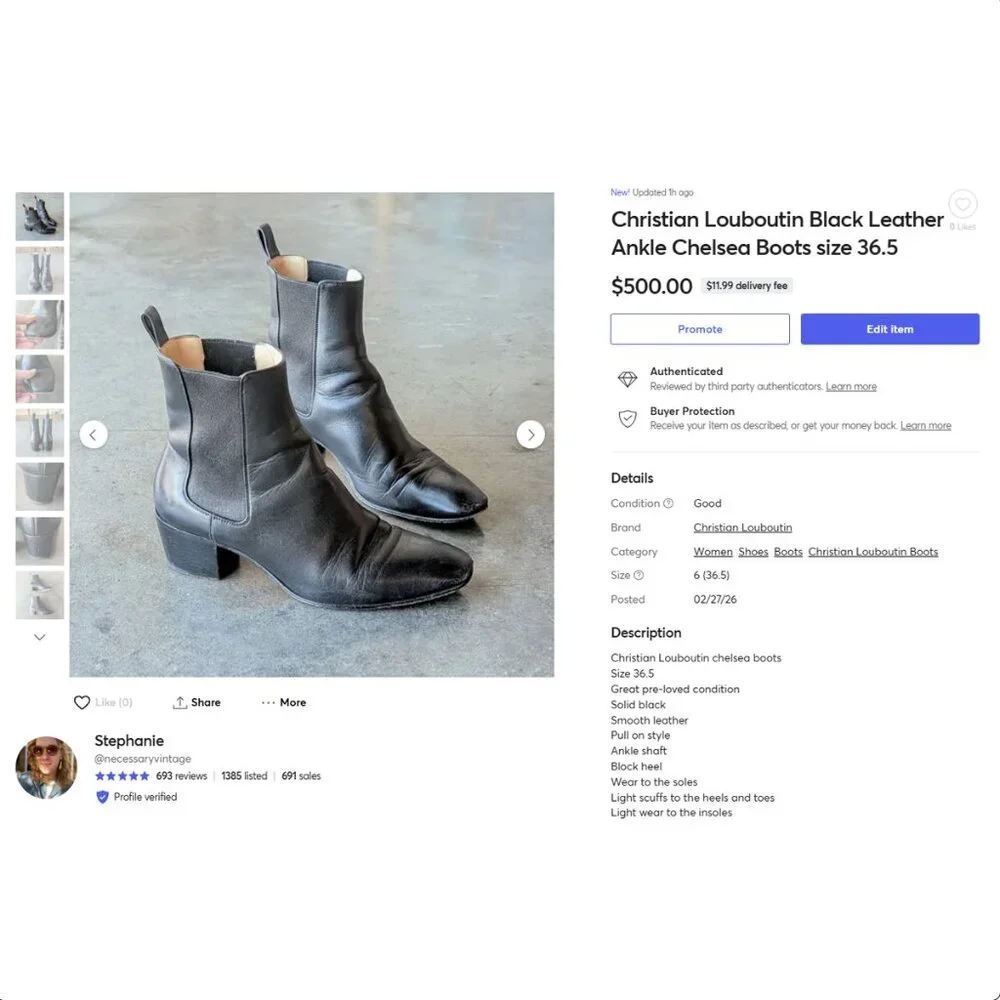 Christian Louboutin Black Leather Ankle Chelsea Boots size 36.5